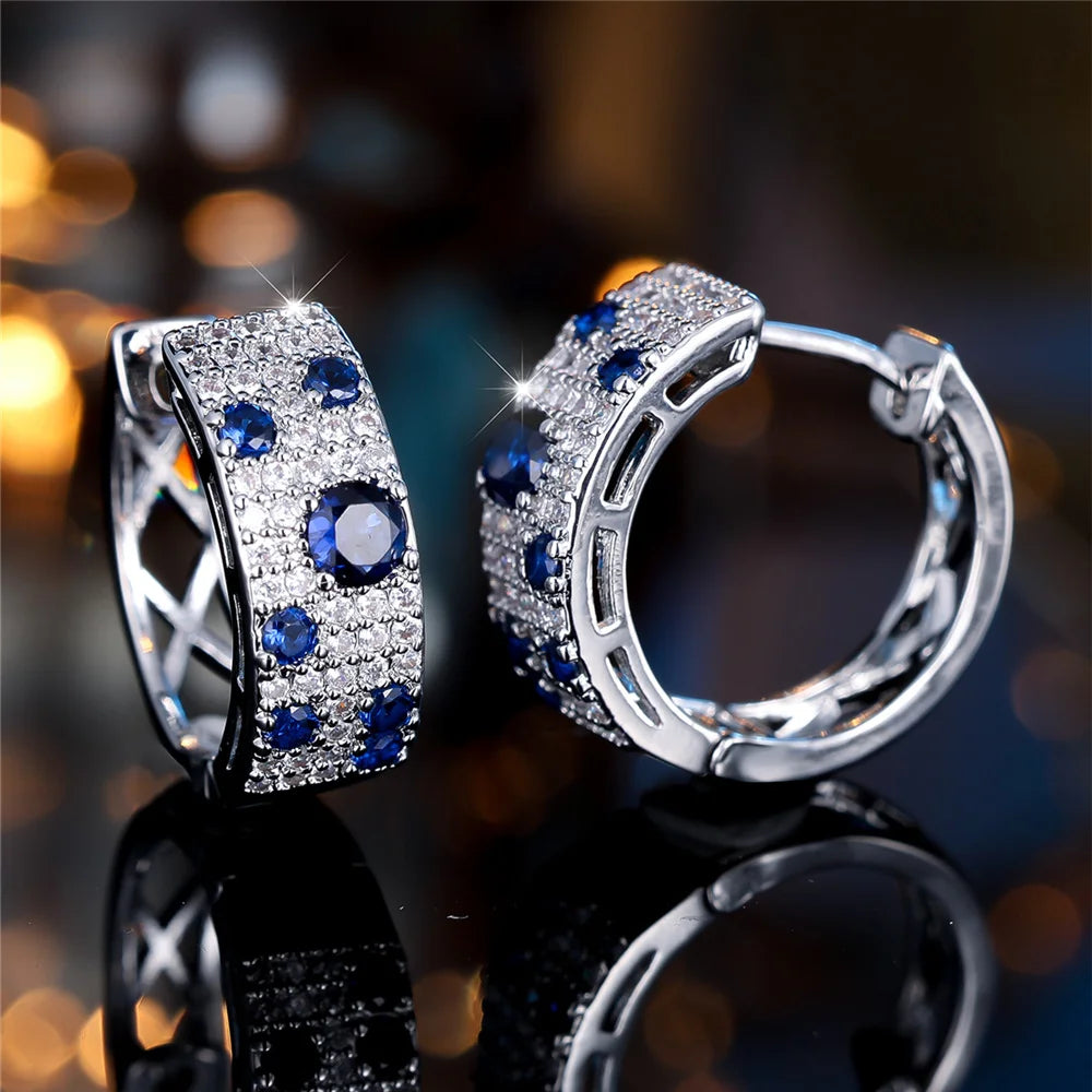Boucles d'oreilles rondes en pierre de Zircon blanc et bleu pour femmes, bijoux de mariage couleur or à la mode