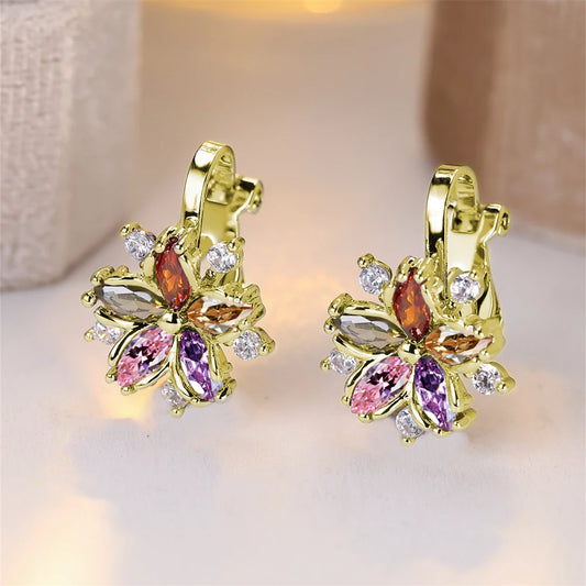 Boucles d'oreilles à Clip en cristal arc-en-ciel Sakura pour femmes, en Zircon multicolore, étoile, fleur, Vintage, couleur or argent, bijoux de mariage