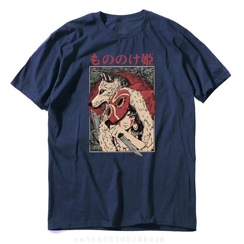 T-shirt homme coton 100% – Anime Princesse Mononoke, col rond décontracté manches courtes