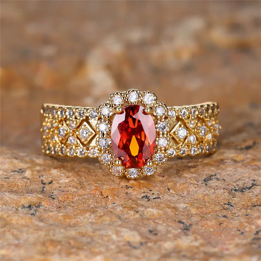 Bague ovale en pierre de cristal rouge, bracelet de fiançailles en Zircon blanc, bagues de mariée de luxe de couleur or jaune pour femmes, bijoux en pierre de naissance de juillet