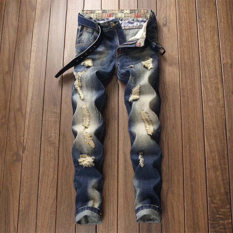 Men Jeans Streetwear Ripped Denim Pants Trend Trousers Hole Ruined Casual Biker Destroyed Regular Straight