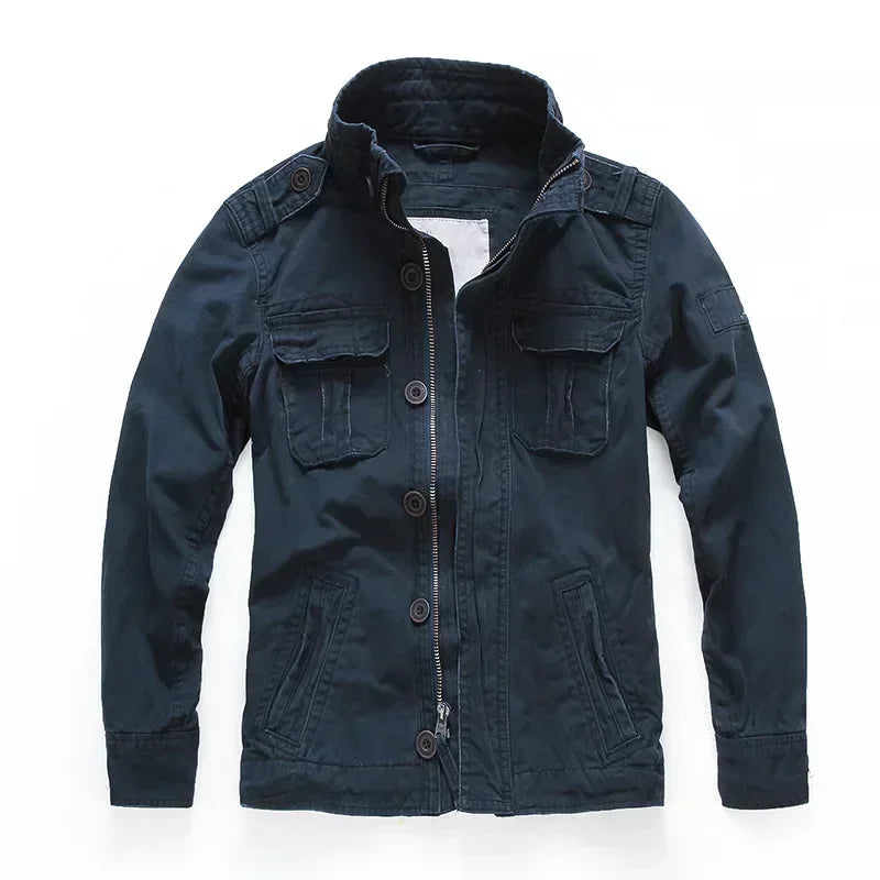 Veste militaire homme en denim – Col roulé, poches pratiques, printemps/automne