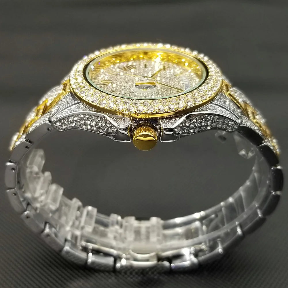 TikTok montre-bracelet en diamant pour hommes de luxe plaqué or 18 carats montres à quartz jour Date discothèque montre de fête unisexe rappeur bijoux