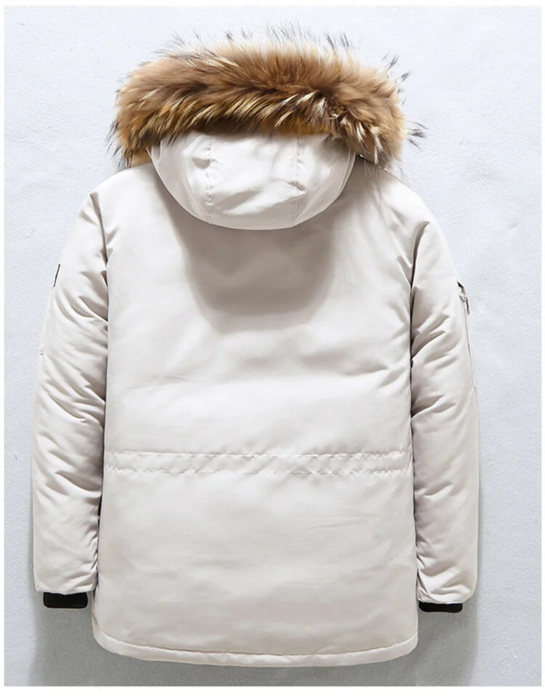 Doudoune de Luxe Homme – Longue, Chaude et Légère, Col en Fourrure Amovible, Hiver
