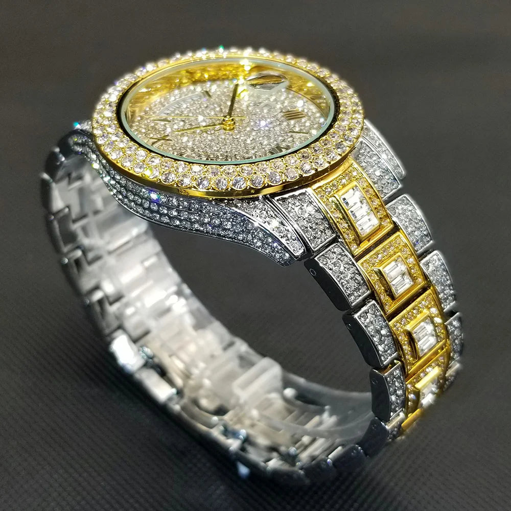 TikTok montre-bracelet en diamant pour hommes de luxe plaqué or 18 carats montres à quartz jour Date discothèque montre de fête unisexe rappeur bijoux