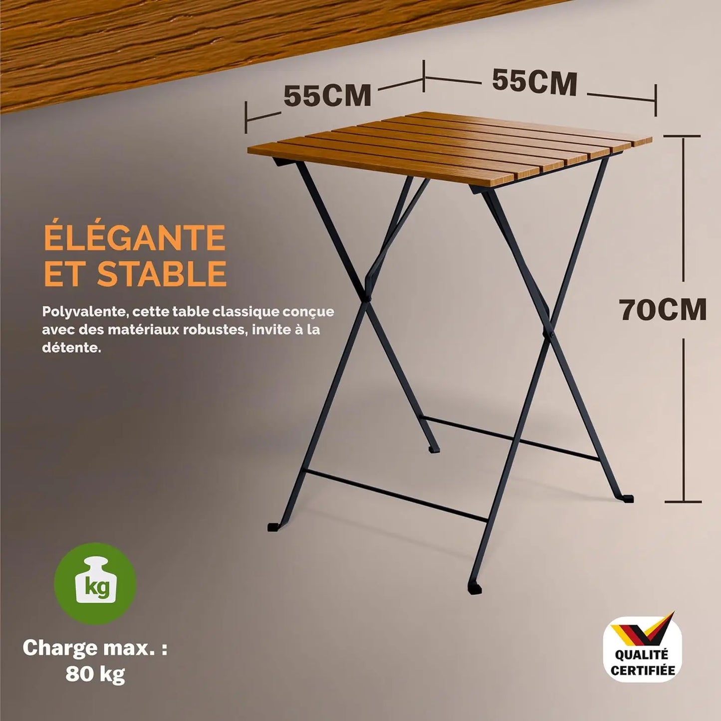 Ensemble de meubles de balcon, 1 table et 2 chaises pliantes en bois d'acacia pour l'extérieur, ensemble de meubles de patio de jardin