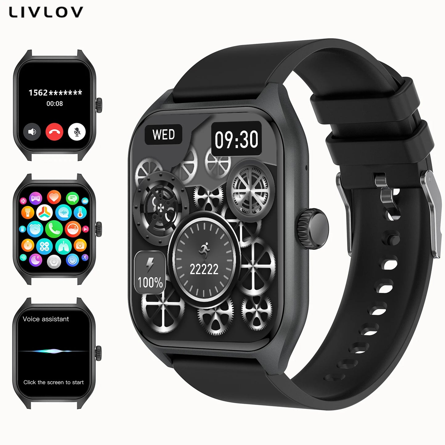 Montre connectée avec assistant vocal AI pour hommes et femmes, écran HD 1.96, suivi des activités avec plus de 100 sports, moniteur de sommeil et de fréquence cardiaque