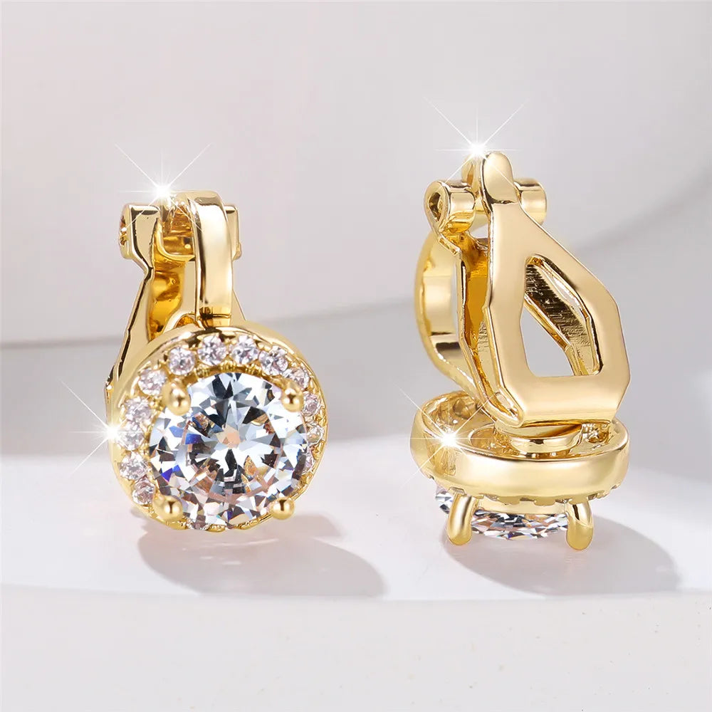 Boucles d'oreilles rondes en pierre de Zircon arc-en-ciel pour femmes, petites boucles d'oreilles à Clip, breloque couleur or jaune, bijoux de mariage pour femmes