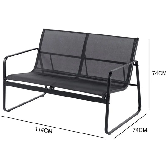 Salon de jardin 4 places en métal noir | 1 canapé + 2 fauteuils + 1 table basse | Dessus en verre trempé de 5 mm | Structures en acier