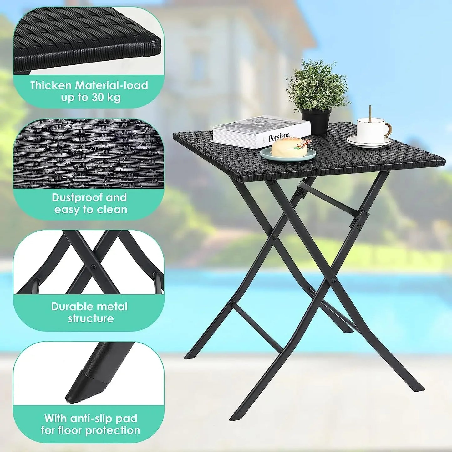 Ensemble de table pliante et 2 chaises d'extérieur, meubles pliants, chaise en rotin, table de pique-nique de camping portable, ensemble de balcon, 3 pièces
