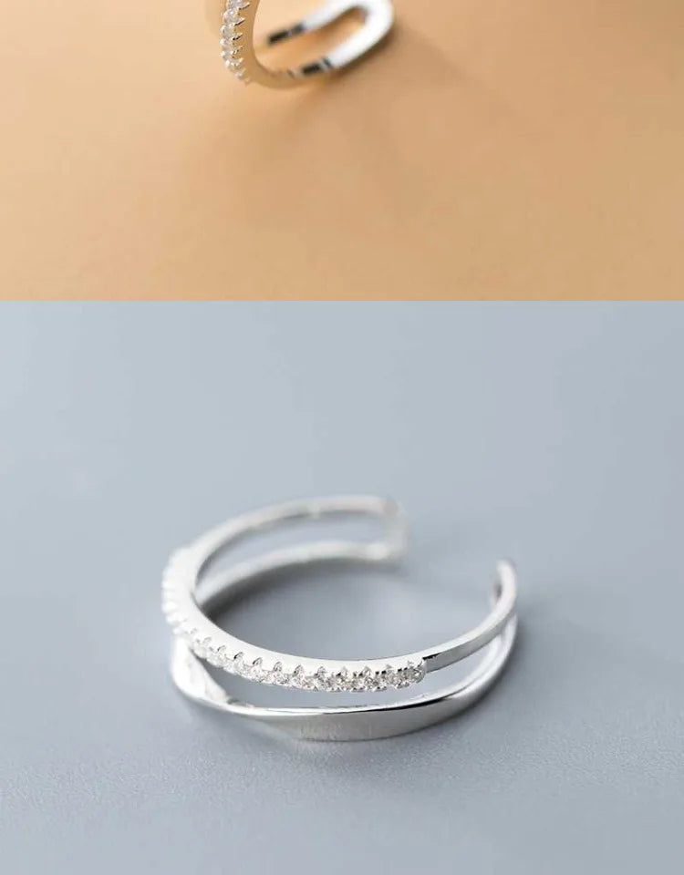 Bague en argent Sterling 925 en zircon Double géométrie pour femmes, bijoux, anneau ouvert réglable pour fête, cadeau d'anniversaire