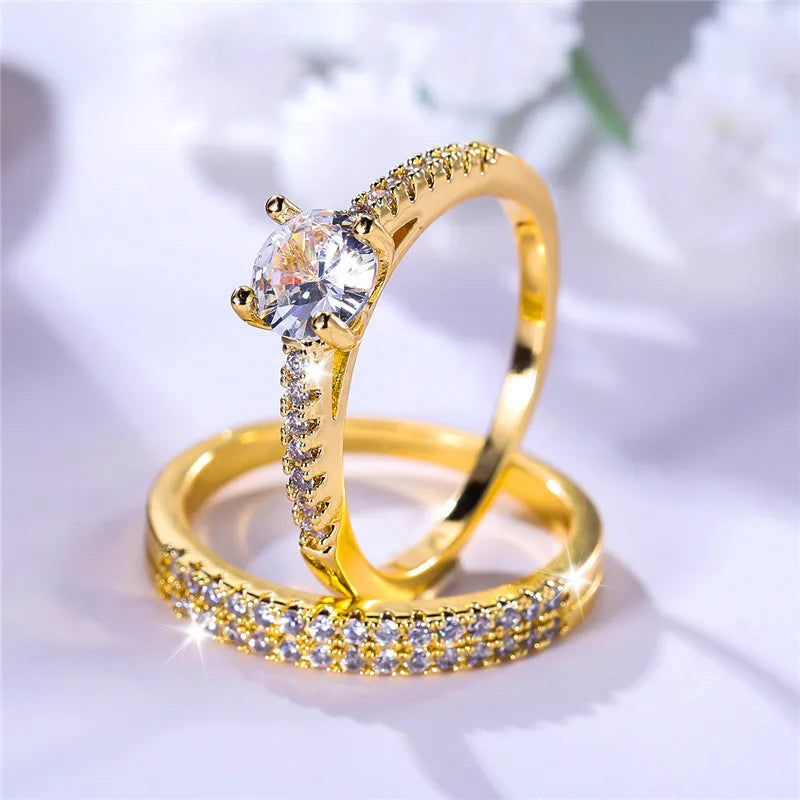 Ensemble de bagues de fiançailles rondes en pierre de Zircon vert cristal pour femmes, bijoux de mariage de luxe couleur or jaune pour femmes