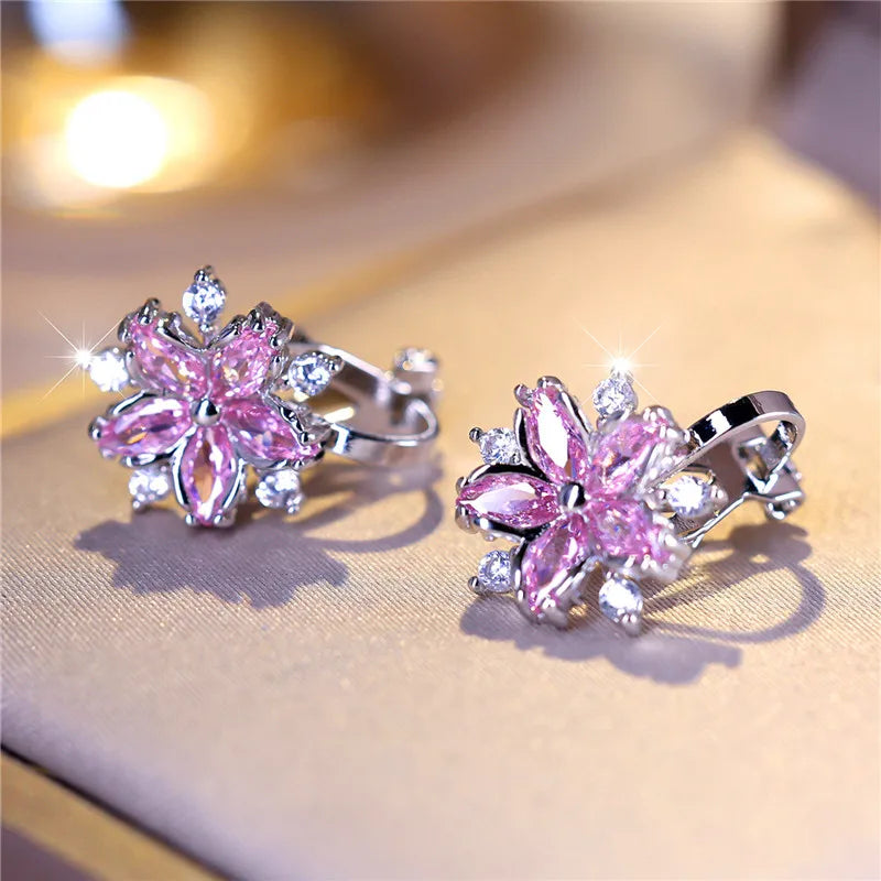 Boucles d'oreilles de luxe en pierre de Zircon rose pour femmes, petites boucles d'oreilles à Clip, couleur argent, bijoux de mariage pour femmes