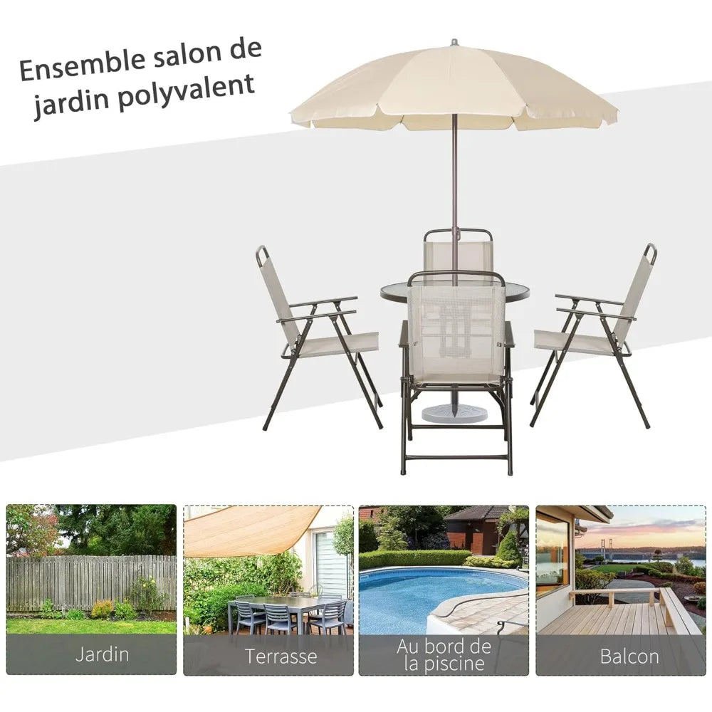 Ensemble de meubles de jardin 6 pièces, table ronde + 4 chaises pliantes + parasol, café en acier époxy textilène polyester beige