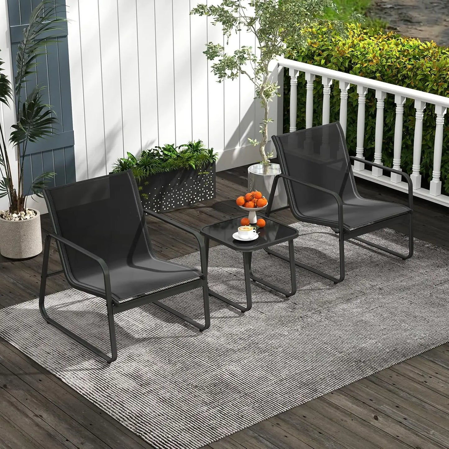 Ensemble de meubles de jardin pour 2 personnes, 3 tables basses avec 2 fauteuils de jardin, salon bistro avec structure en métal, pour jardin, balcon
