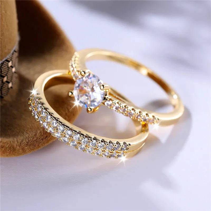 Ensemble de bagues de fiançailles rondes en pierre de Zircon vert cristal pour femmes, bijoux de mariage de luxe couleur or jaune pour femmes
