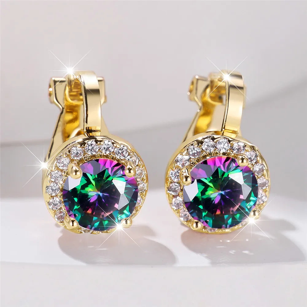 Boucles d'oreilles rondes en pierre de Zircon arc-en-ciel pour femmes, petites boucles d'oreilles à Clip, breloque couleur or jaune, bijoux de mariage pour femmes