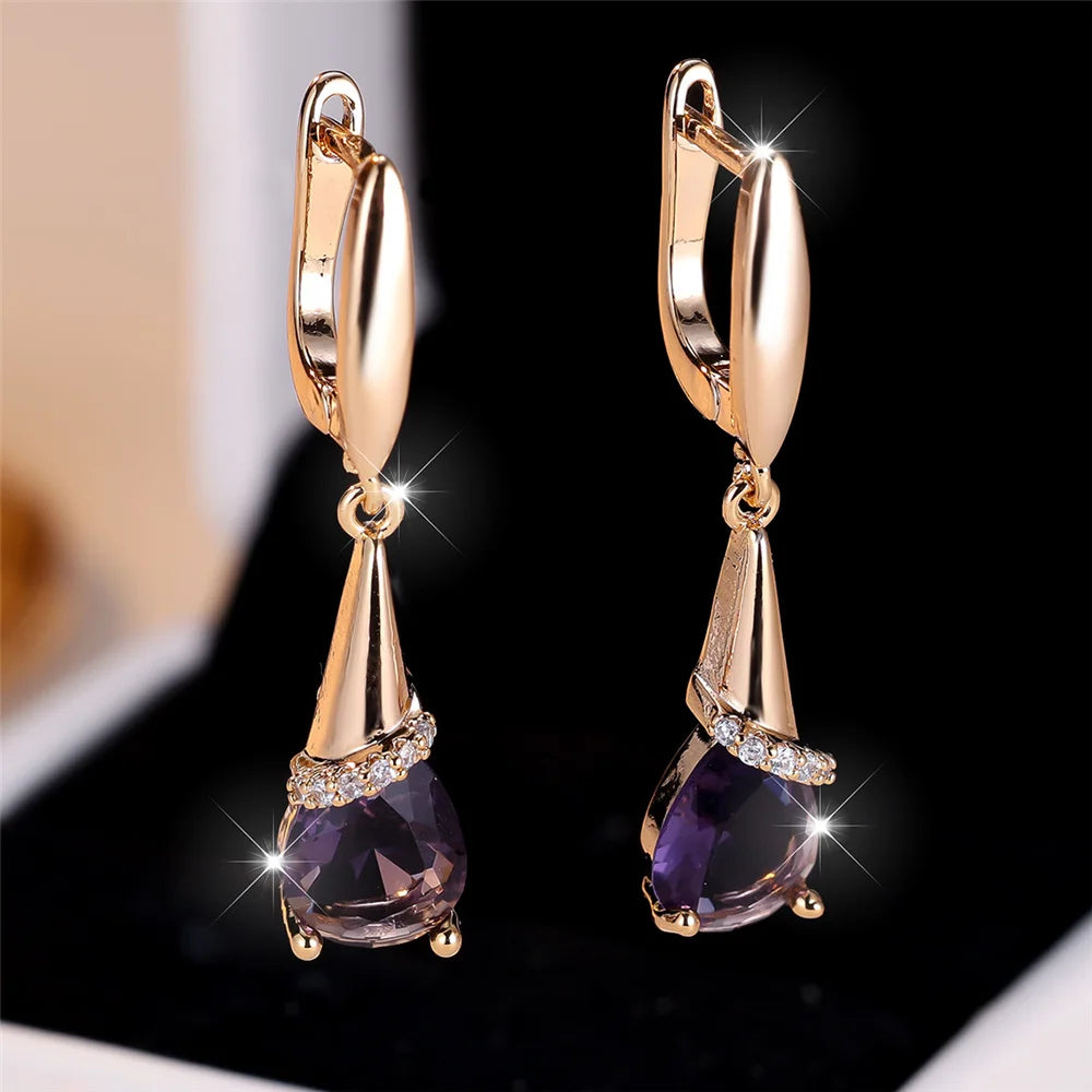 Boucles d'oreilles élégantes en pierre de Zircon violet pour femmes, goutte d'eau, couleur or, mignonnes, style Boho, bijoux de mariage pour femmes