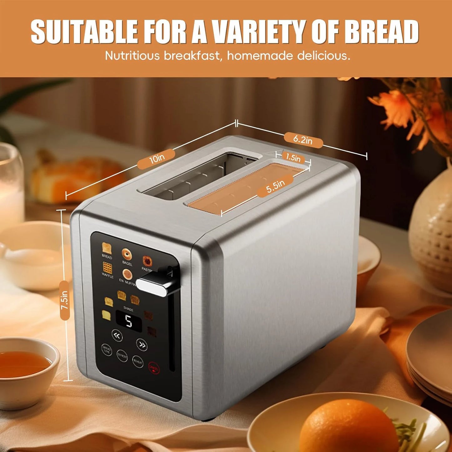 Grille-Pain BAIHUAN KST075AE – Acier Inoxydable, 2 Tranches, Minuterie Digitale