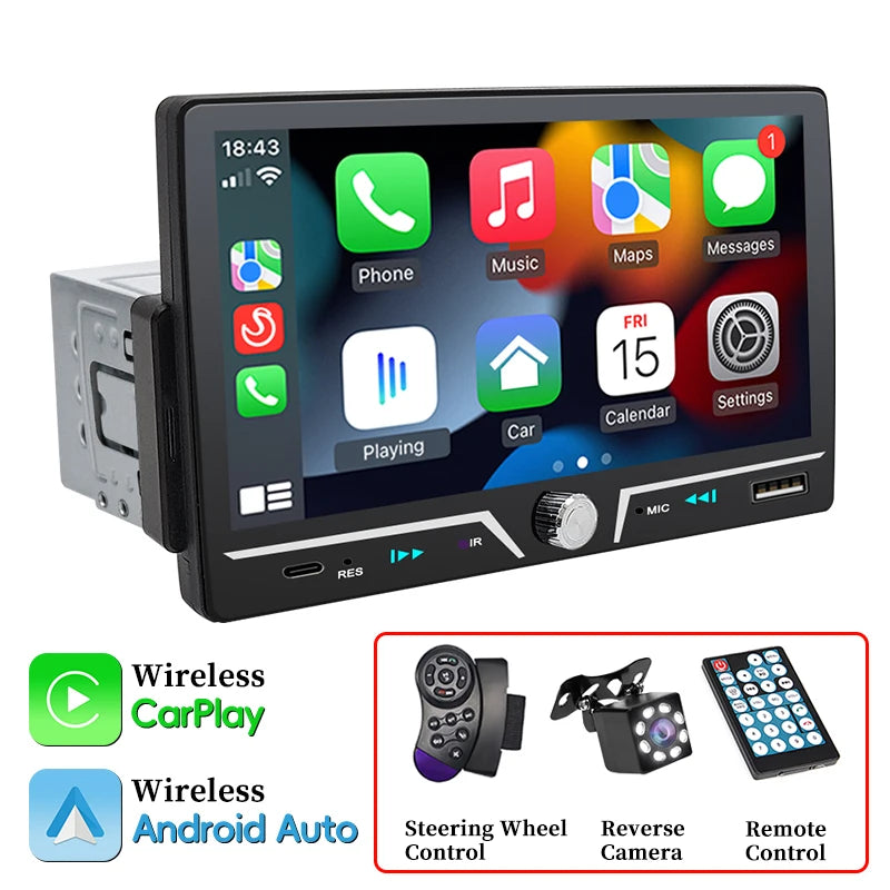 Autoradio Hippcron 1DIN 7" IPS – Android Auto & CarPlay Sans Fil, Bluetooth, Mirror Link, Chargeur Type-C