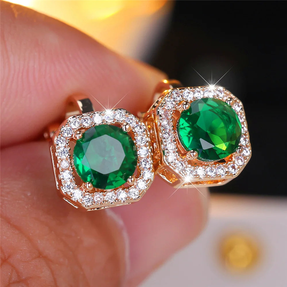 Boucles d'oreilles clip rondes en pierre de cristal pour femmes, bijoux simples, cadeaux de mode, or rose, argent, document blanc, vert, bleu