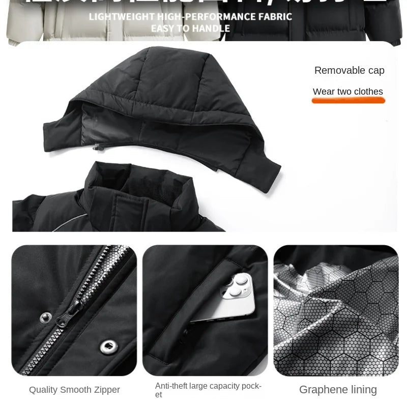 Parka chauffante à capuche pour homme, veste rembourrée, manteau long, veste chaude, technologie graphène, style coréen, haut de gamme, couple, hiver, 2024