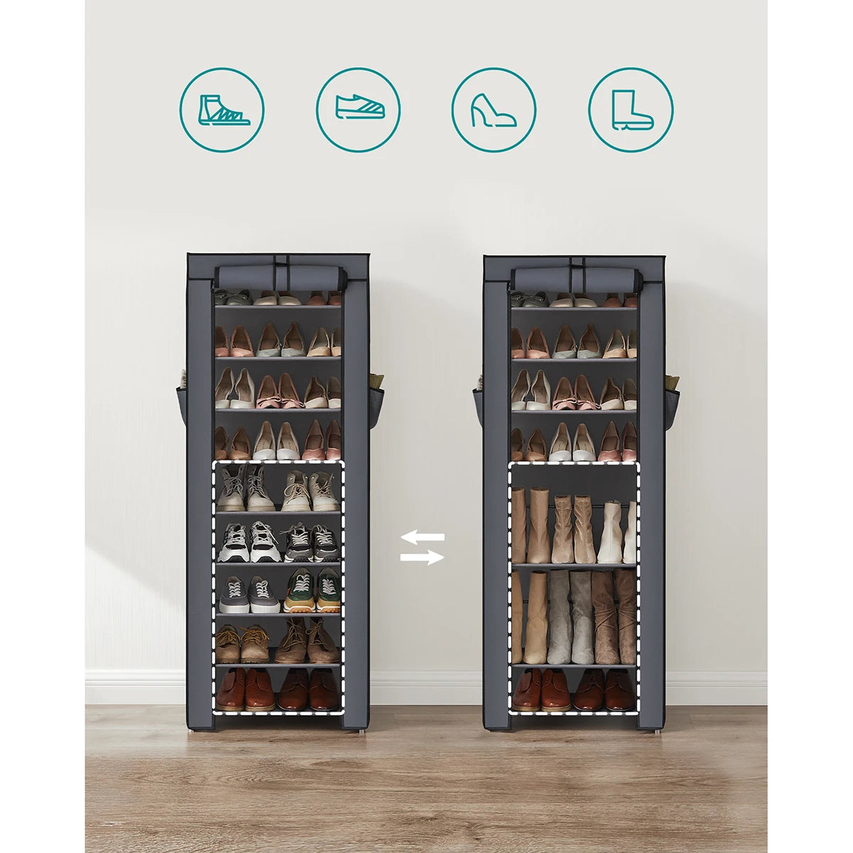 Meuble à Chaussures SONGMICS – 10 Niveaux, Tissu Gris et Cadre Métal, Grande Capacité 27 Paires