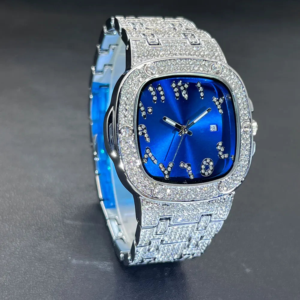 Original Diamantuhr für Männer Luxus Hip Hop Blaues Zifferblatt Uhren Einzigartige Bling Ice Out Leuchtende Wasserdichte relogios masculino geschenk