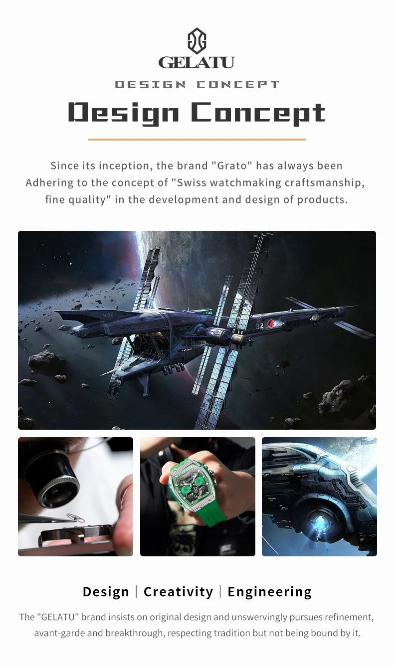 GELATU Men's Watch Hollow Out Skeleton Automatic Watch for Men Silicone Strap Dual Calendar Luxury Original Mechanical Man Watch