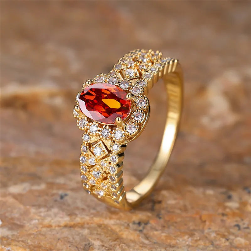 Bague ovale en pierre de cristal rouge, bracelet de fiançailles en Zircon blanc, bagues de mariée de luxe de couleur or jaune pour femmes, bijoux en pierre de naissance de juillet