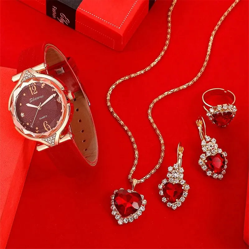 New 5Pcs Set Watches Women Leather Band Ladies Watch Simple Casual Womens Analog Wristwatch Bracelet Gift Montre Femme