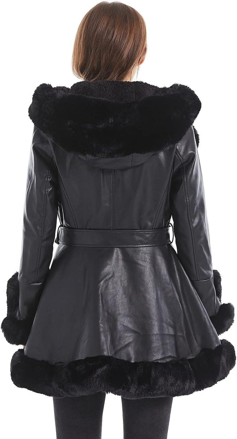 Veste en cuir GRAN ORIENTE pour femme avec col en fourrure syntétique, manteau parka d'hiver à manches longues.