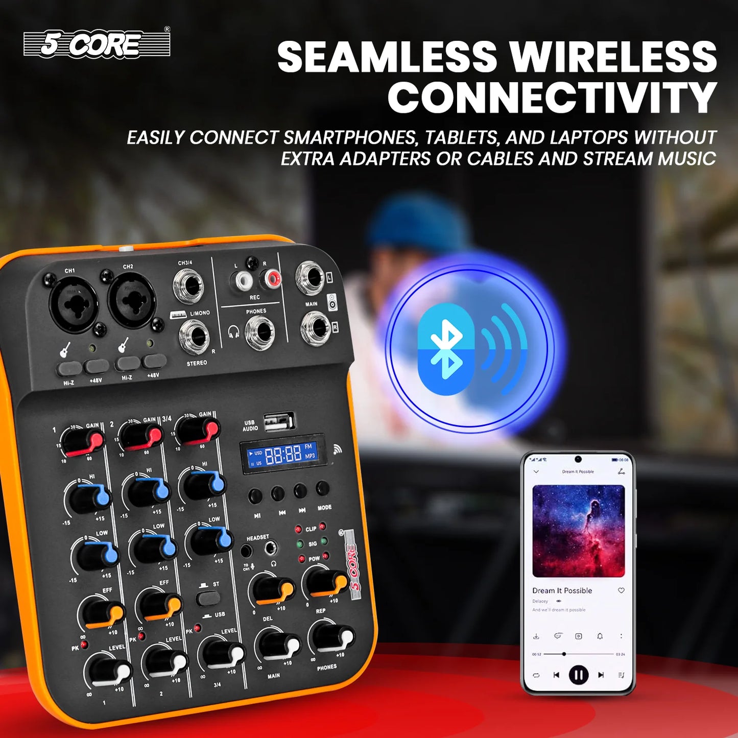 Mixeur Audio 4 Canaux & Contrôleur DJ – Mixer Bluetooth pour Streaming et Interface USB pour Enregistrement PC