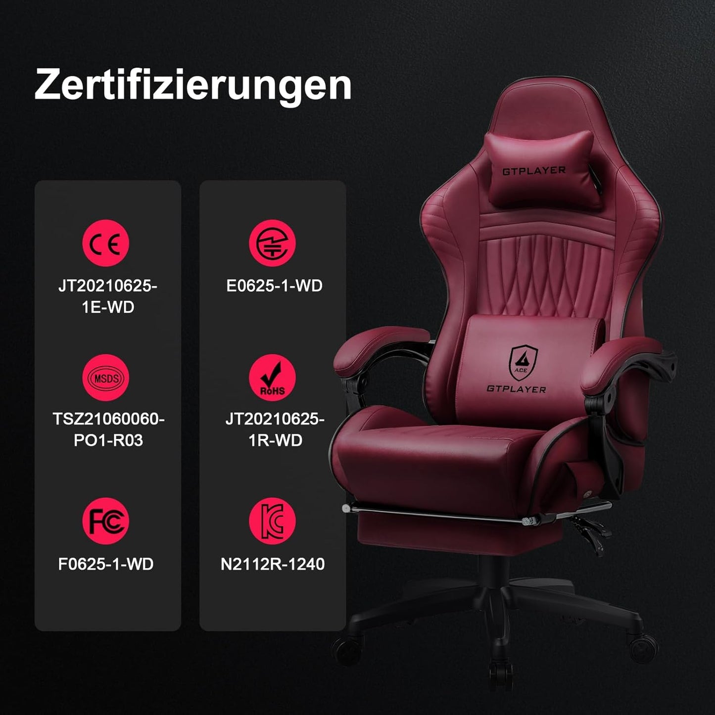 Chaise Gaming Ergonomique avec Haut-Parleurs Bluetooth et Repose-Pieds – Vin Rouge