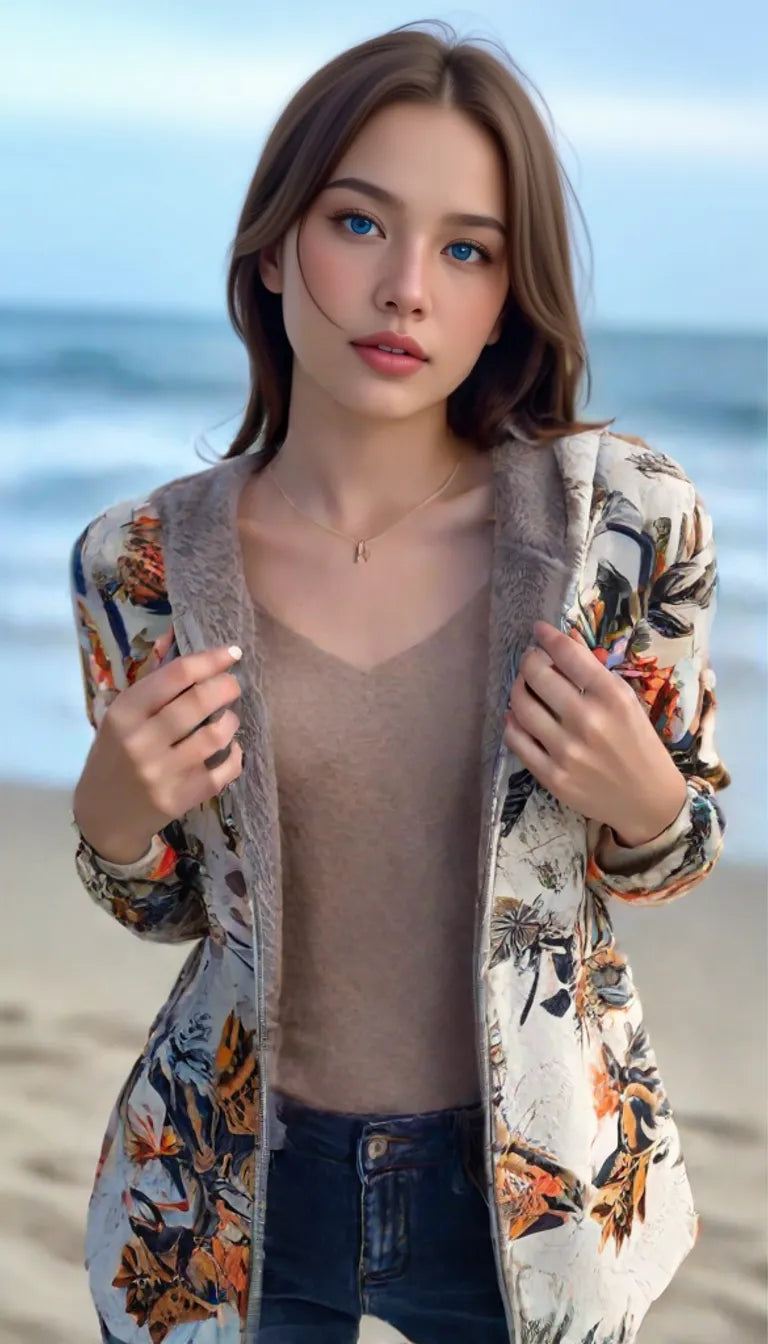 Onsoyours Femme Manteau Floral a Capuche Top Chaud Hiver Avoir Poches Blouson Épaissie Vest Chic