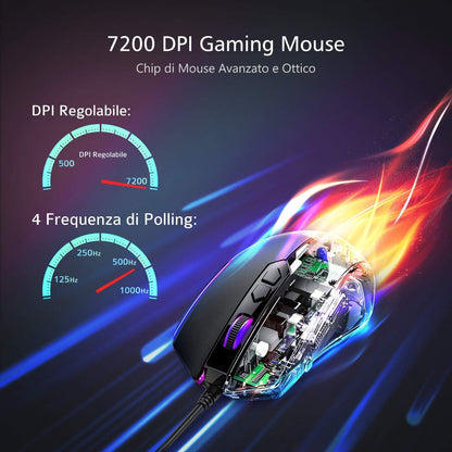 Souris de Jeu Filaire VIVIJO - 7 Modes RGB, 8 Boutons Programmables, 7200 DPI - Haute Performance pour PC