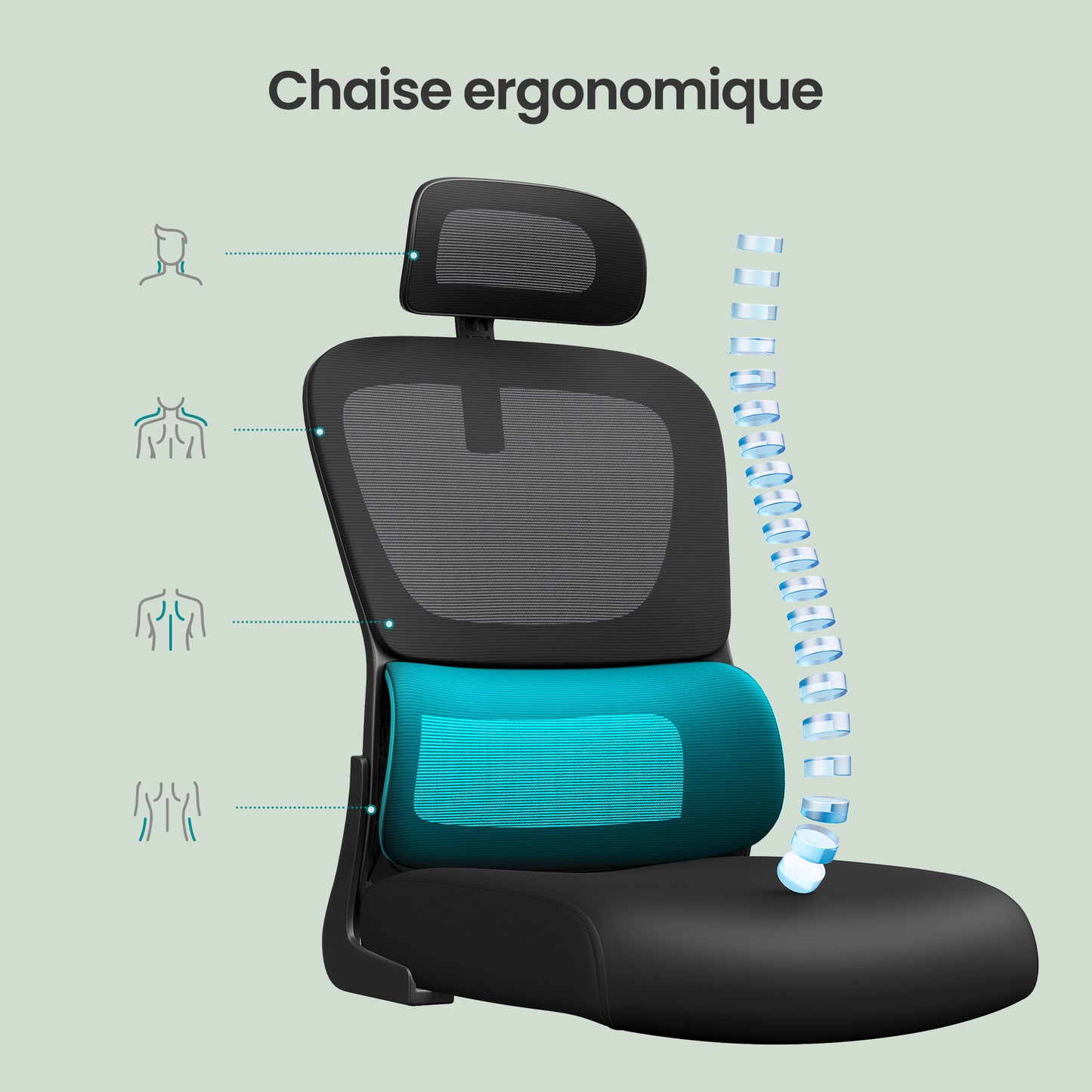 Fauteuil de Bureau SONGMICS 16V932071 – Ergonomique, Repose-Tête et Lombaires Réglables, Rotation 360°