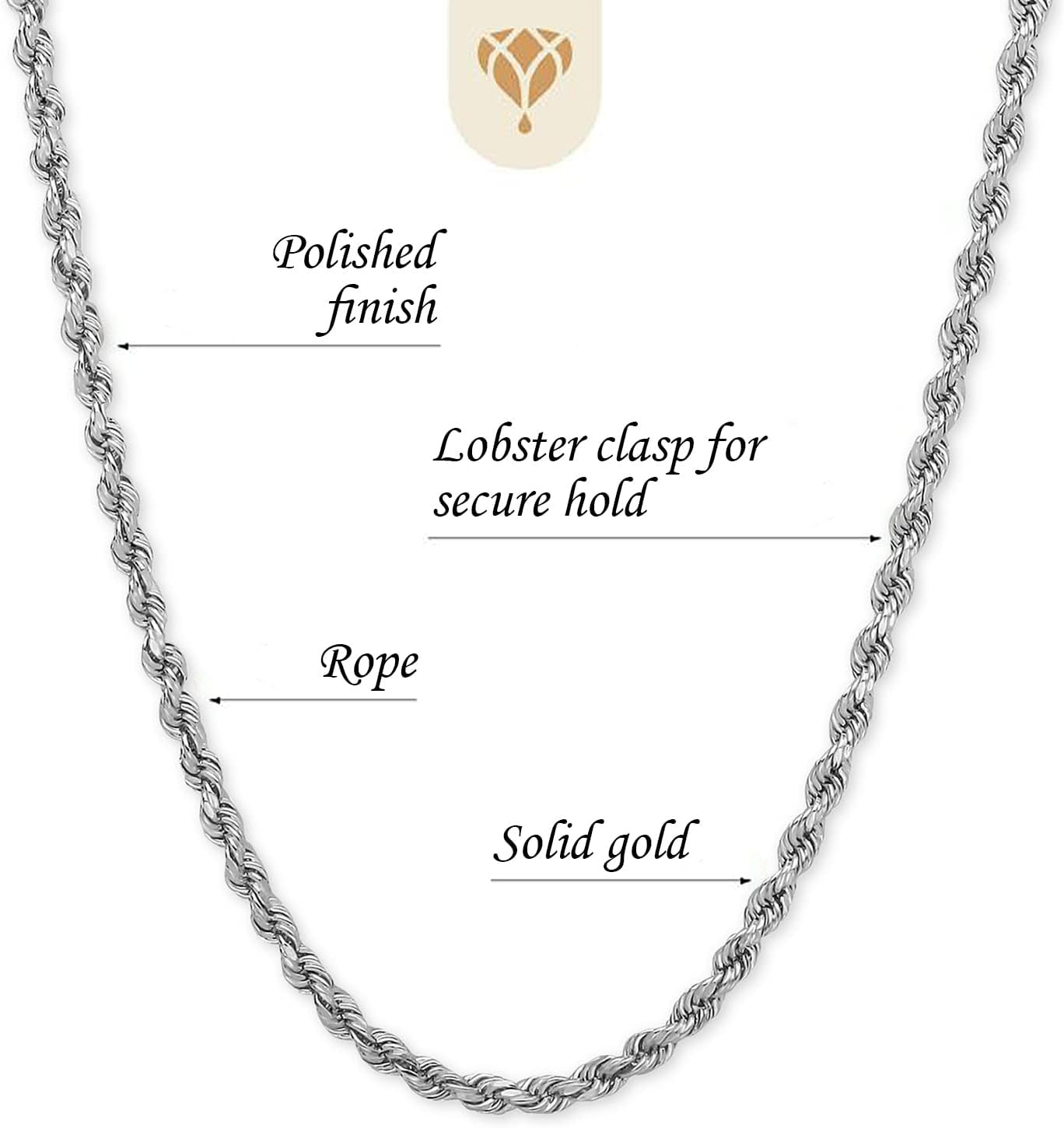 14K SOLID Yellow or White Gold 3.00Mm Shiny Diamond-Cut Royal Solid Rope Chain Necklace for Pendants and Charms with Lobster-Claw Clasp (7", 8", 16", 18", 20" 22", 24" or 30 Inch)