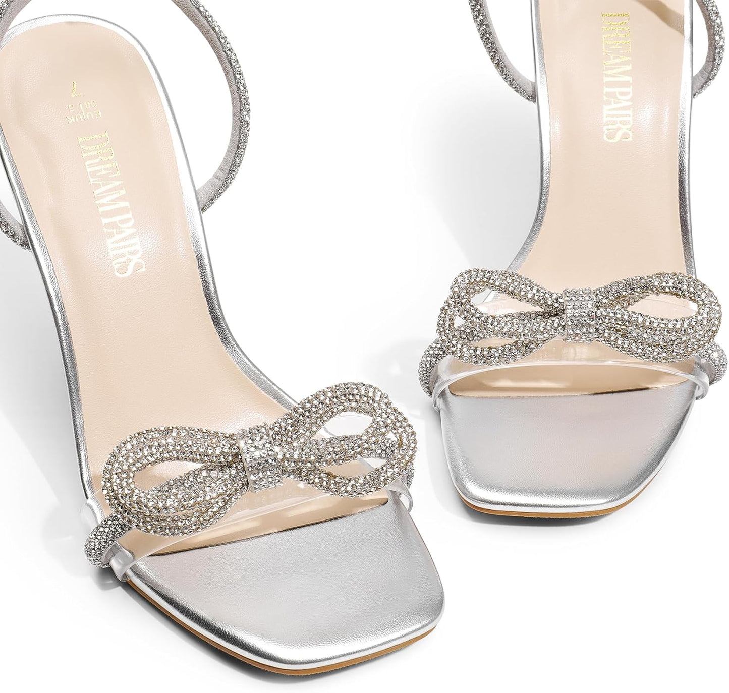 Women'S Double Bowknots Crystal Sandals Clear Slingback Heels Square Toe Shoes for Party Wedding