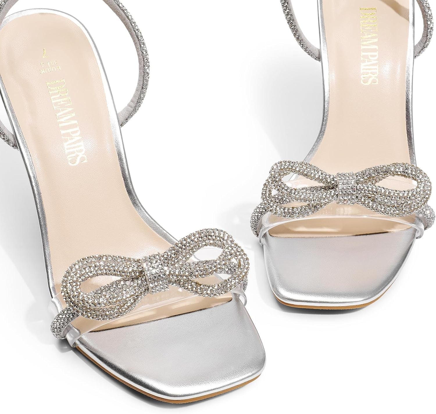 Women'S Double Bowknots Crystal Sandals Clear Slingback Heels Square Toe Shoes for Party Wedding