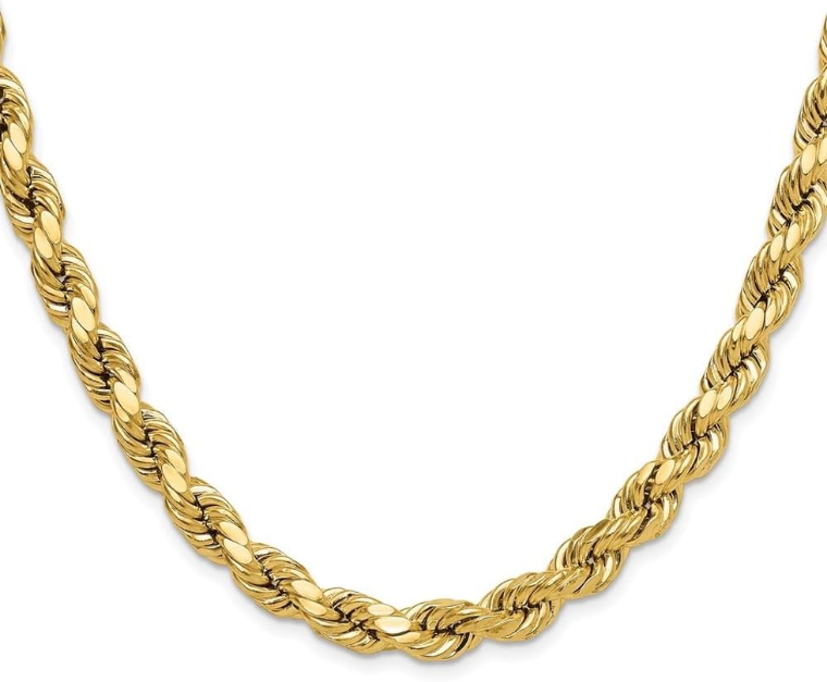 10K Yellow Gold 8.0 Mm Semi-Solid Diamond-Cut Rope Chain Necklace 20" to 26"