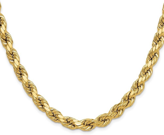 10K Yellow Gold 8.0 Mm Semi-Solid Diamond-Cut Rope Chain Necklace 20" to 26"