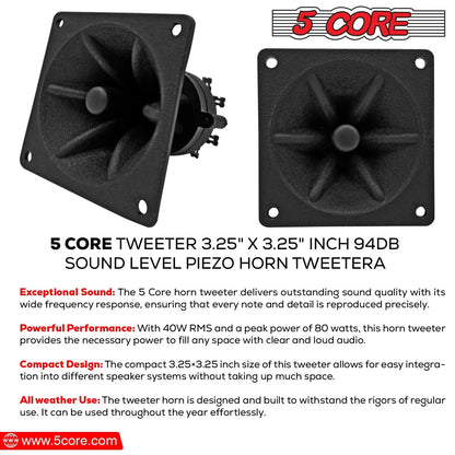 Tweeter 5Core 3,25" x 3,25" 40W Composant Carré Remplacement Super Horn Haute Puissance