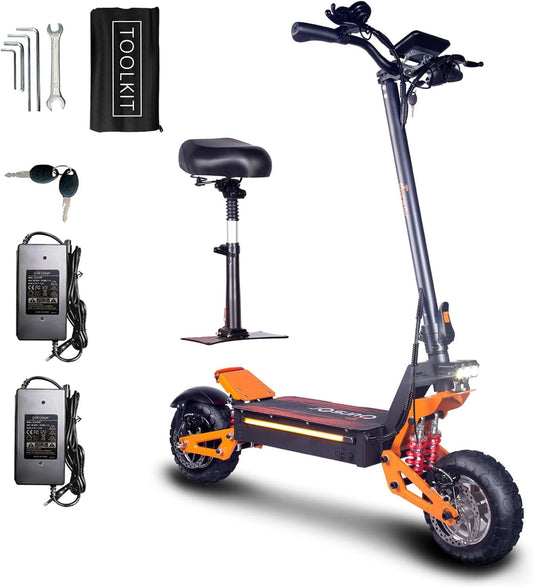 Electric Scooter for Adult, 11" Off-Road Tires, Long Range Foldable Heavy Duty Fast Electric Scooter with Seat, for Street Commuting and Extreme Off-Road