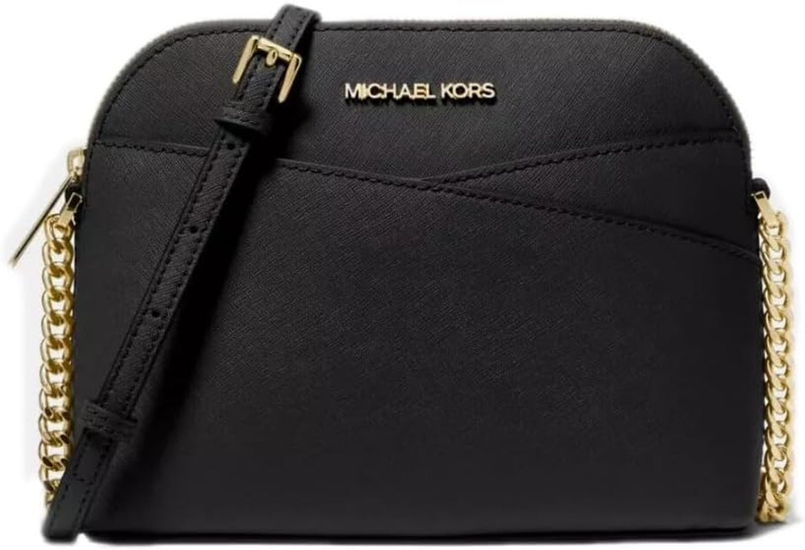 Michael Kors Women's Dome Jet Set Medium Crossbody Leather Handbag (Black/Gold)