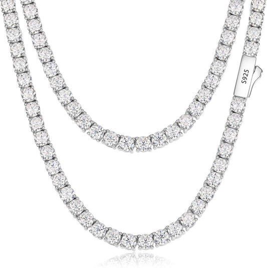Collier Tennis Moissanite – 12.4 à 43.8 Carats, Argent 925 Plaqué Or Blanc 18K