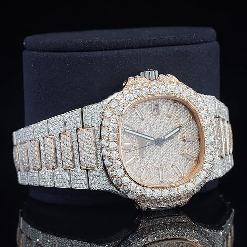 Montre Iced Out Moissanite de Luxe – 25 CT, Automatique, Finition Or Rose & Argent