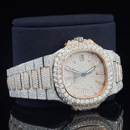Montre Iced Out Moissanite de Luxe – 25 CT, Automatique, Finition Or Rose & Argent