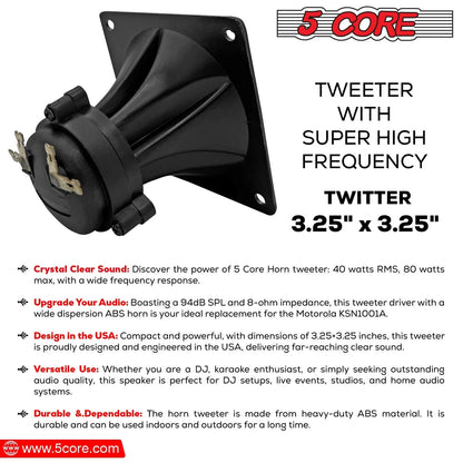 Tweeter 5Core 3,25" x 3,25" 40W Composant Carré Remplacement Super Horn Haute Puissance
