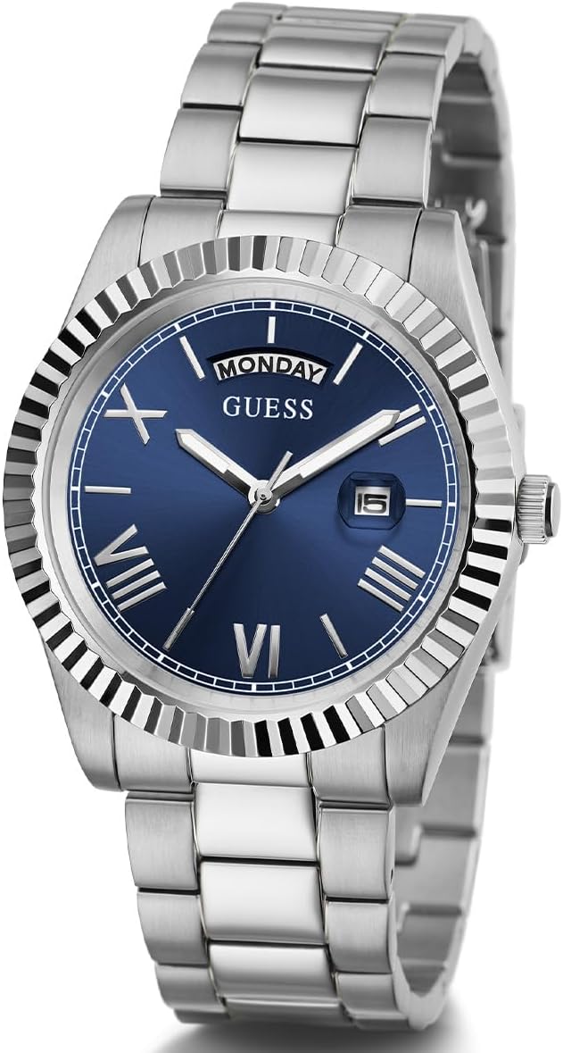 Montre GUESS pour homme de 42 mm – Bracelet argenté, cadran bleu, boîtier argenté.